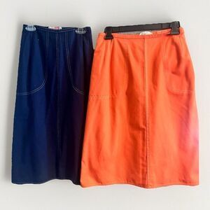 Lot 2 Vintage 70s  Wrap Skirt Womens Orang Blue Contrast Stitching Pockets Retro